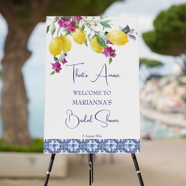 VIntage Italian lemons bougainvillea welcome sign (VIntage Italian blue maiolica tiles lemons bougainvillea bridal shower decor welcome sign board)