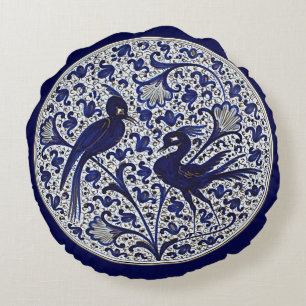 Vintage Italian-Style Blue White Gold Love Birds Round Pillow