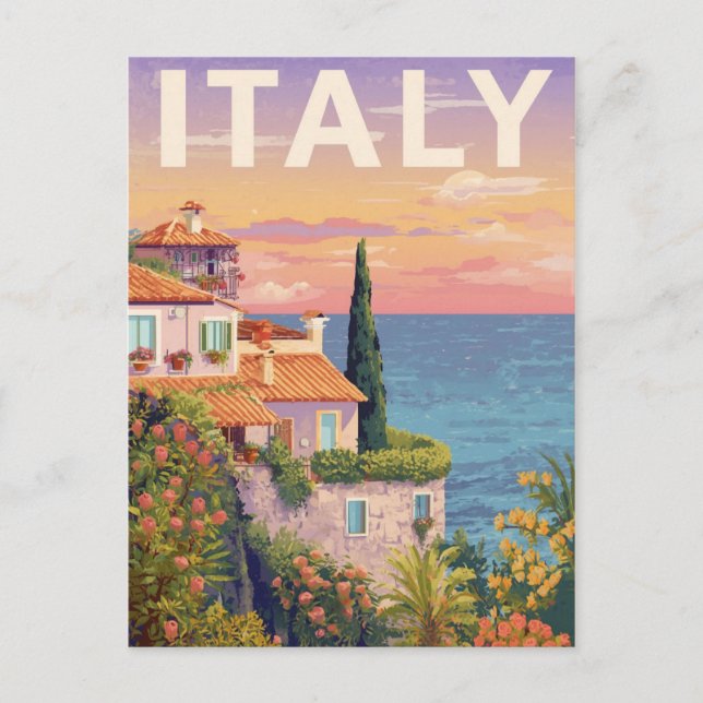 Vintage Italy Coastal Village at Sunset Postcard (Front)