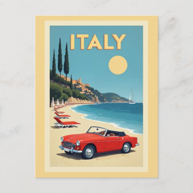Vintage Italy Italian Coast Beach Car  Postcard (Front)
