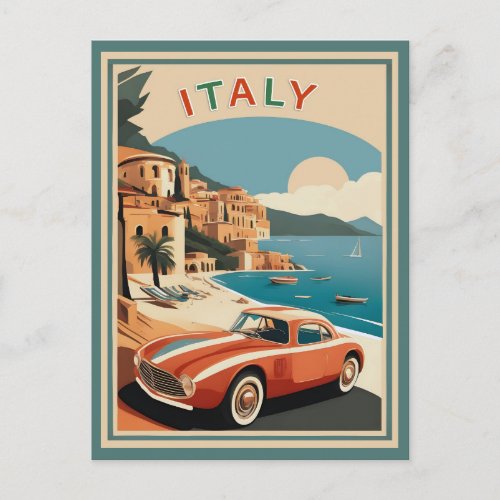 Vintage Italy Italian Coast Beach Car  Postcard