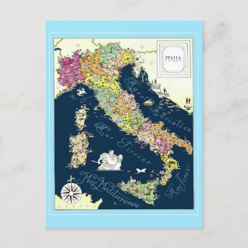 Vintage Italy Italian Map Travel Poster Postcard