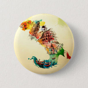 Vintage Italy Map City Travel Love Watercolor Button