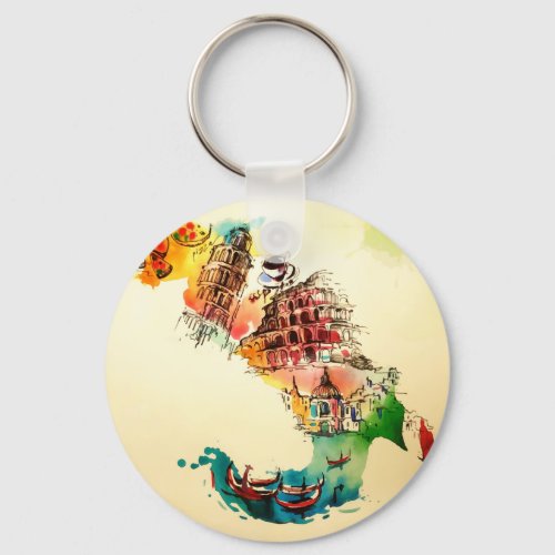 Vintage Italy Map City Travel Love Watercolor Keychain