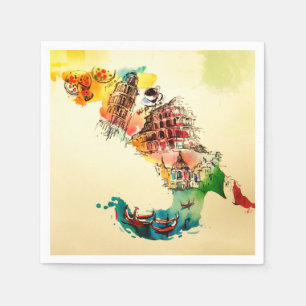 Vintage Italy Map City Travel Love Watercolor Napkins