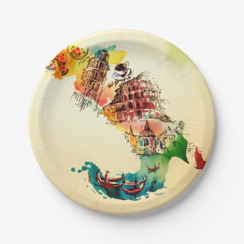 Vintage Italy Map City Travel Love Watercolor Paper Plates