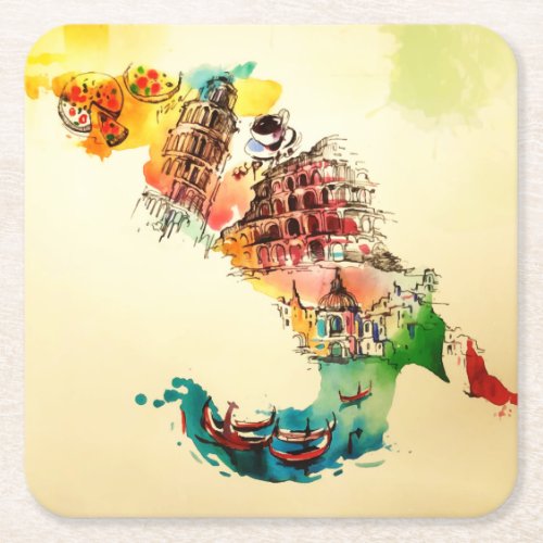 Vintage Italy Map City Travel Love Watercolor Square Paper Coaster