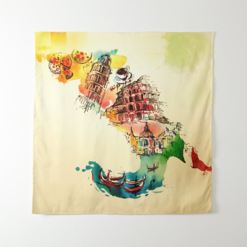 Vintage Italy Map City Travel Love Watercolor Tapestry