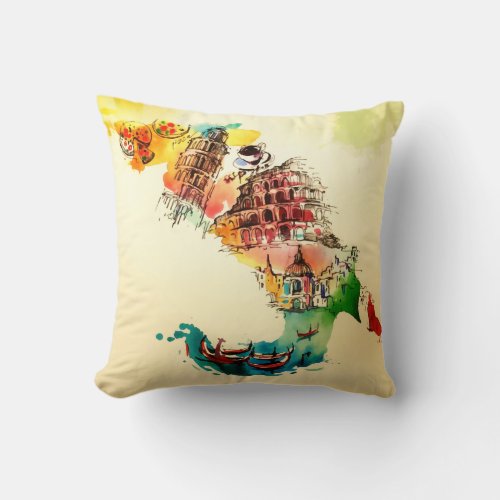 Vintage Italy Map City Travel Love Watercolor Throw Pillow