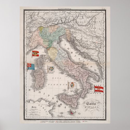 Vintage Italy Map with Flags 1842 Poster