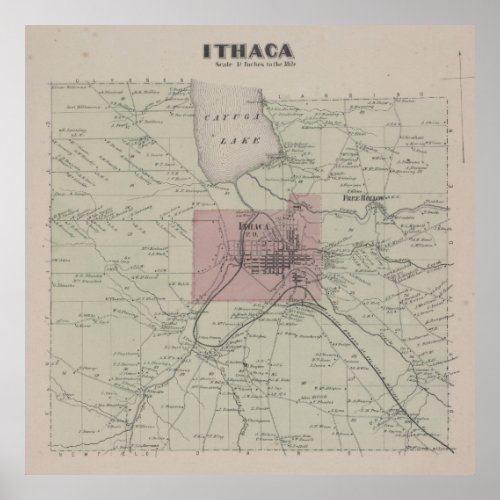 Vintage Ithaca NY Map 1866 Poster