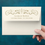 Vintage Ivory and Antique Gold Wedding Envelope<br><div class="desc">This vintage wedding mailing envelope features a warm ivory background with an ornate antique gold scrollwork frame and "Deliver To" text on the front for guest addressing. The return address appears on the back flap in antique gold calligraphy beneath a decorative scrollwork header. Personalize with your names and mailing address....</div>