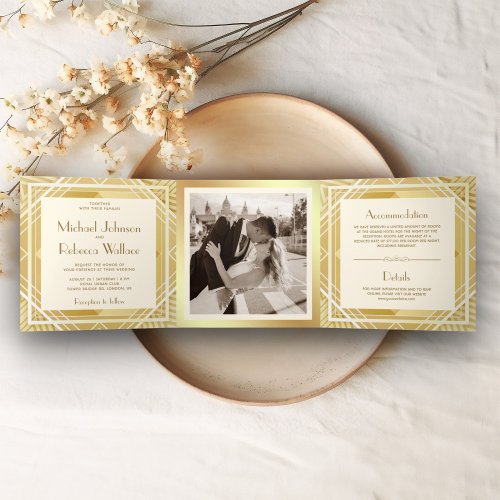 Vintage Ivory and Gold Art Deco Photo Wedding Tri_Fold Invitation
