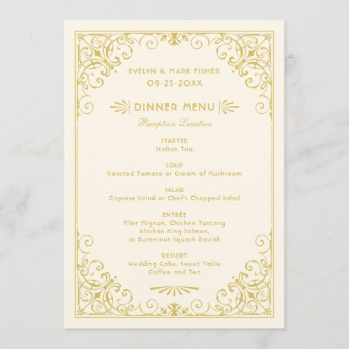 Vintage Ivory and Gold Art Deco Wedding Dinner Menu