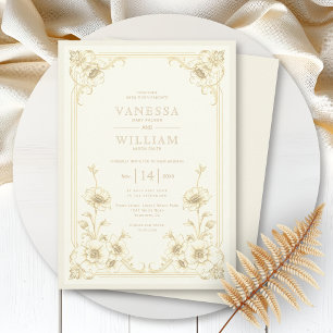 Vintage ivory and sepia floral frame wedding invitation