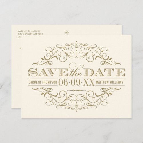 Vintage Ivory Antique Flourish Save the Date Announcement Postcard