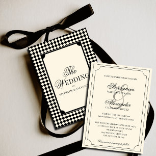 Vintage Ivory Black Checkered Old Money Wedding Invitation
