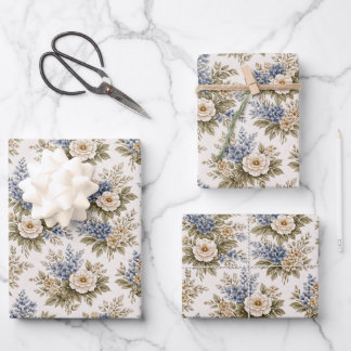 Vintage Ivory Blue Heirloom Floral Bouquet Wrapping Paper Sheets