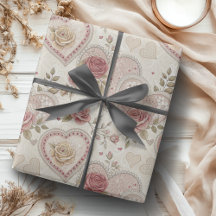 Vintage Ivory Brown Frilled Hearts Rose Pattern