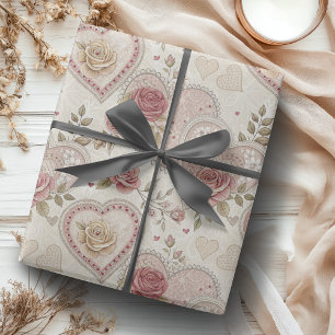 Vintage Ivory Brown Frilled Hearts Rose Pattern Wrapping Paper