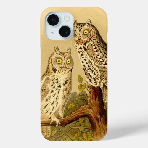 Vintage ivory brown white green cute owls iPhone 15 case