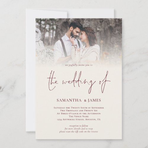 Vintage Ivory Burgundy Photo Overlay QR Wedding