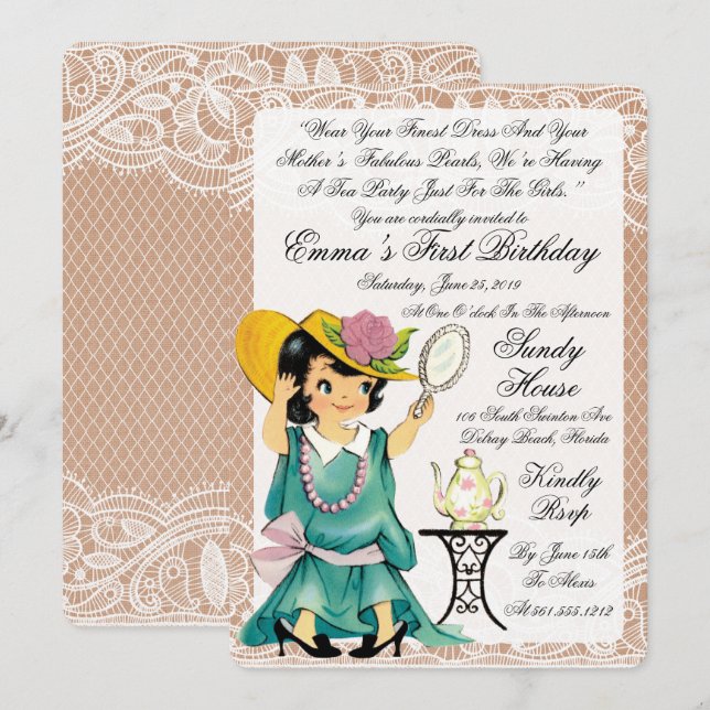 Vintage Ivory Burlap First Birthday Invitation (Front/Back)