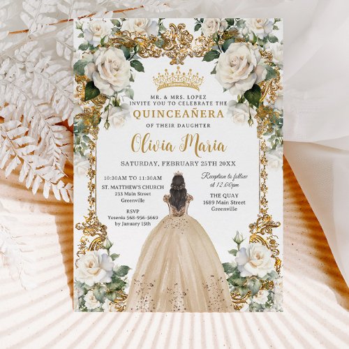 Vintage Ivory Champagne Floral Dress Quinceanera Invitation