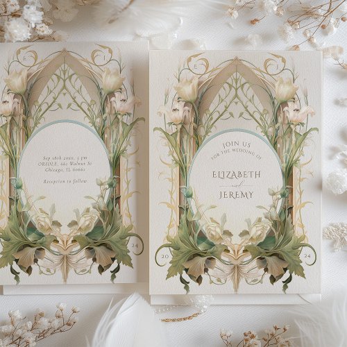 Vintage Ivory Cream Floral Art Nouveau Wedding Invitation
