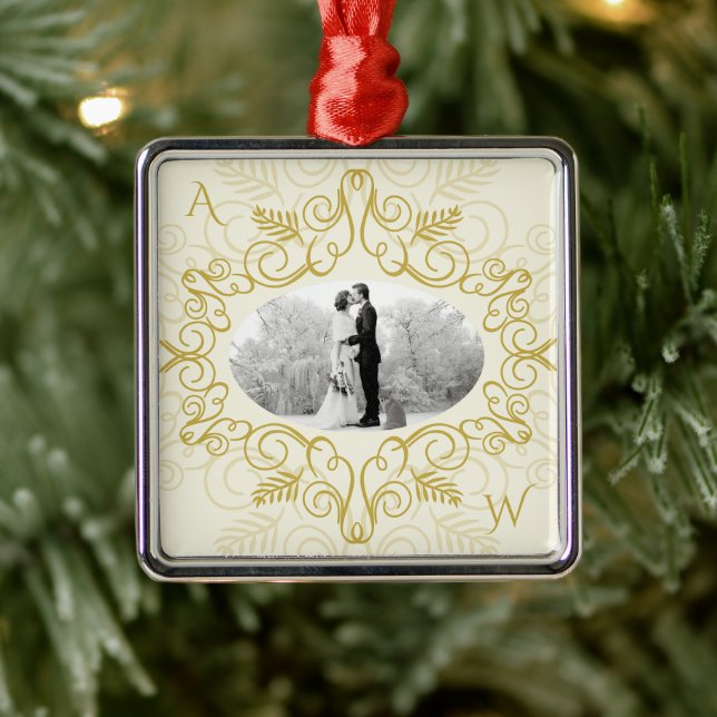 Vintage Ivory Deco Frame Festive Foliage Photo Metal Ornament (Tree)