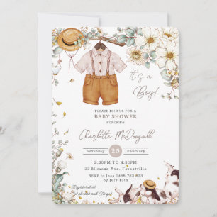 Vintage Ivory Floral Greenery Boy Baby Shower Invitation