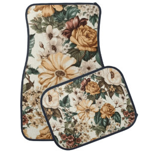 Vintage Ivory Flowers, Multicolored Roses Pattern Car Floor Mat