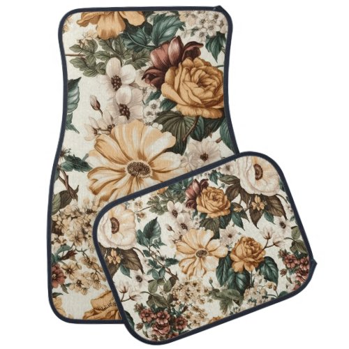 Vintage Ivory Flowers Multicolored Roses Pattern Car Floor Mat