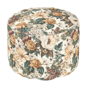 Vintage Ivory Flowers, Multicolored Roses Pattern Pouf