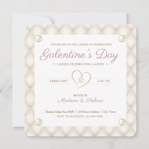 Vintage Ivory Gold and Pearls Galentineâs Party Invitation
