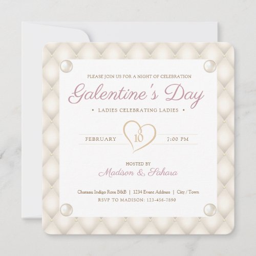 Vintage Ivory Gold and Pearls Galentines Party Invitation