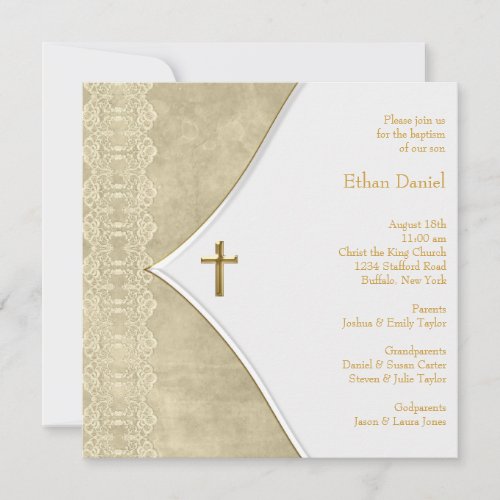 Vintage Ivory Gold Cross Baby Baptism Christening Announcement