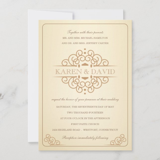 Vintage Ivory & Gold Formal Wedding Invitations (Front)