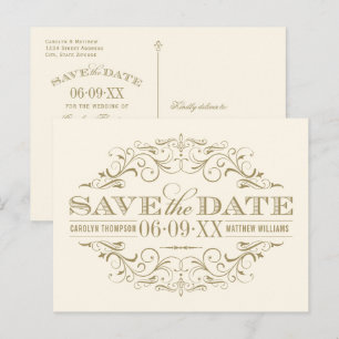 Vintage Ivory Gold Scrollwork Save the Date Announcement Postcard