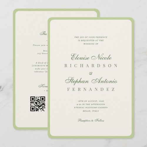 Vintage Ivory & Green All in One Old Money Wedding Invitation