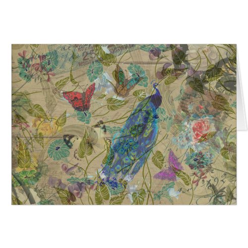 Vintage Ivory Green Blue Pink Peacock Collage