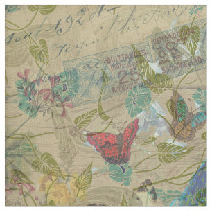 Vintage Ivory Green Blue Pink Peacock Collage Fabric