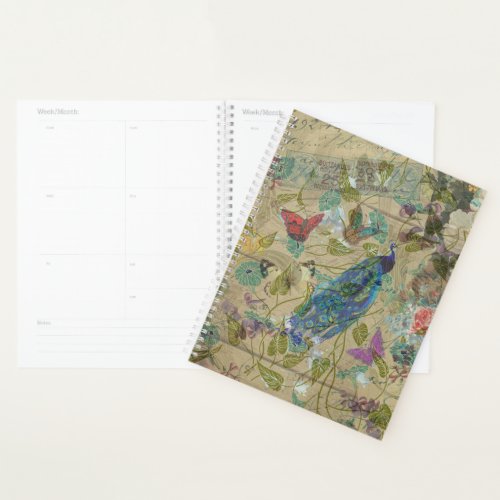 Vintage Ivory Green Blue Pink Peacock Collage Planner