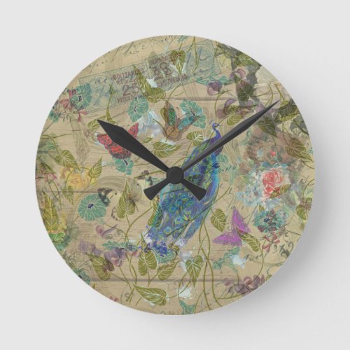 Vintage Ivory Green Blue Pink Peacock Collage Round Clock