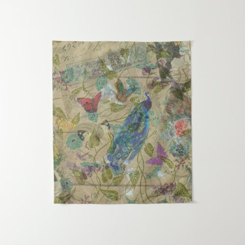 Vintage Ivory Green Blue Pink Peacock Collage Tapestry