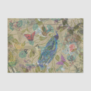 Vintage Ivory Green Blue Pink Peacock Collage Tissue Paper