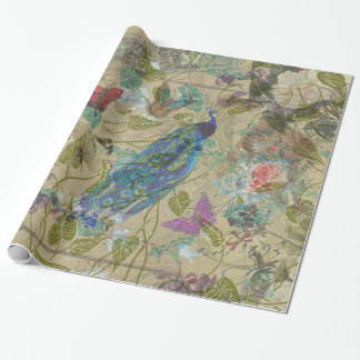 Vintage Ivory Green Blue Pink Peacock Collage Wrapping Paper