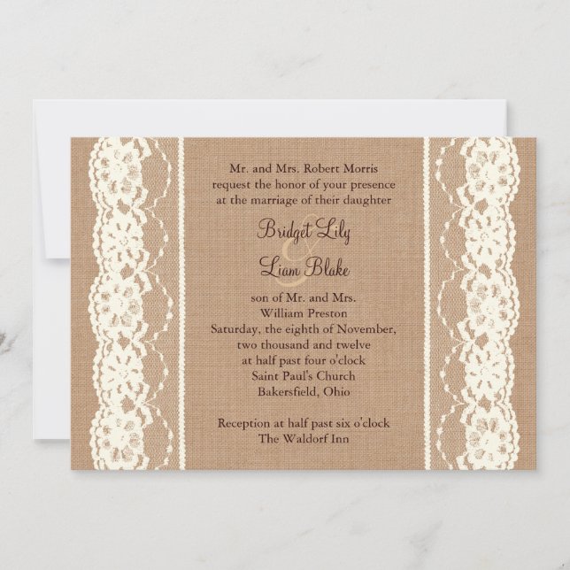 Vintage Ivory Lace and Medium Burlap Invitation (Front)