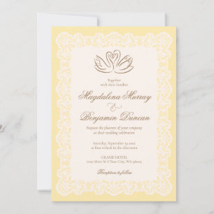 Vintage Ivory Lace Butter Yellow Swan Wedding Invitation
