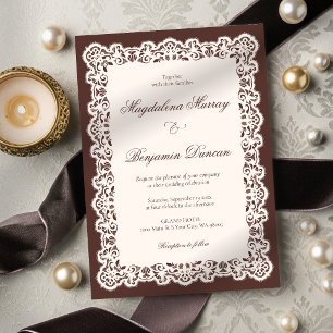 Vintage Ivory Lace Elegant Espresso Brown Wedding Invitation